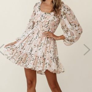 Balloon Sleeve Dress Floral Print Nude
